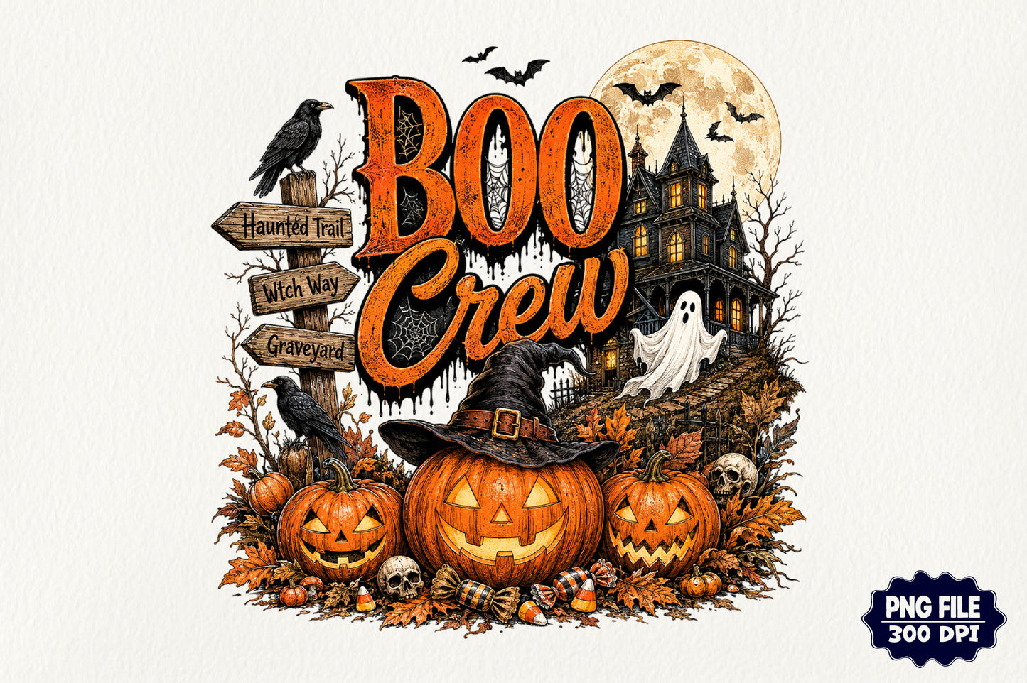 Retro Halloween Boo Crew Haunted House Pumpkin PNG