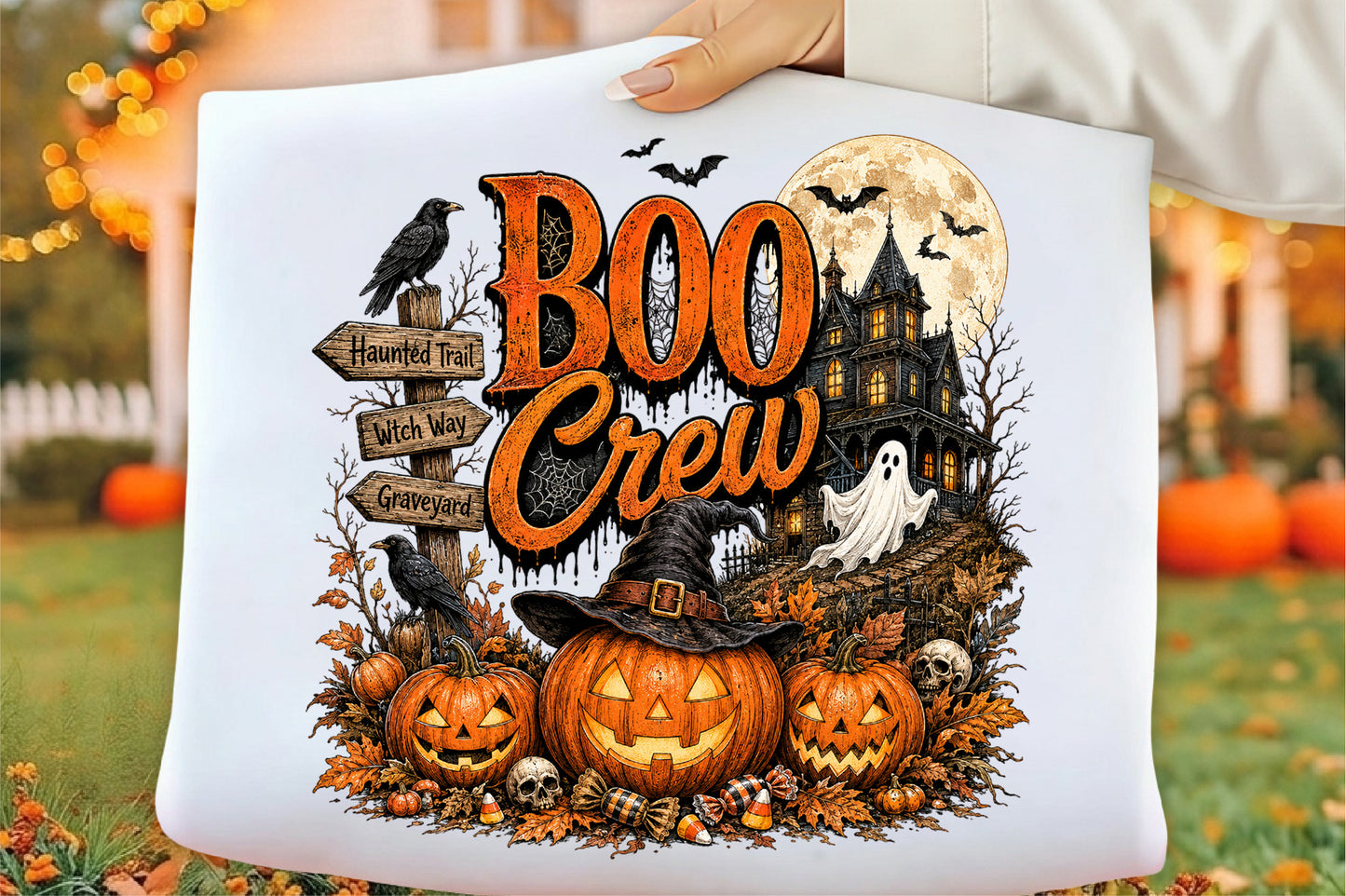 Retro Halloween Boo Crew Haunted House Pumpkin PNG