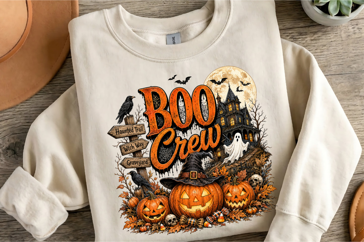 Retro Halloween Boo Crew Haunted House Pumpkin PNG