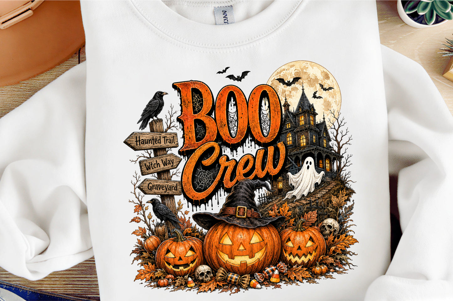 Retro Halloween Boo Crew Haunted House Pumpkin PNG