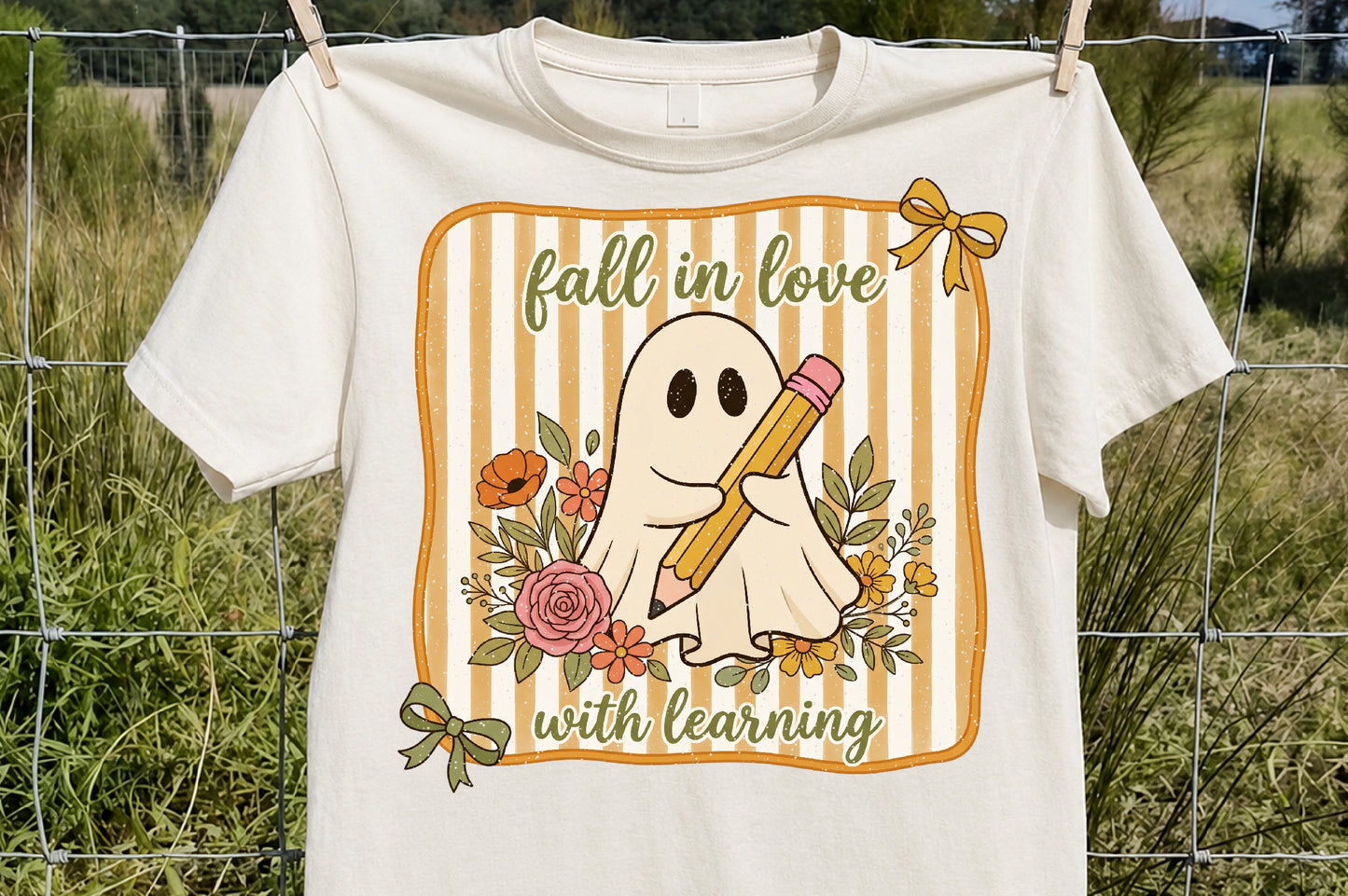 Fall in Love with Learning Ghost PNG Cute Teacher Fall Sublimation Design