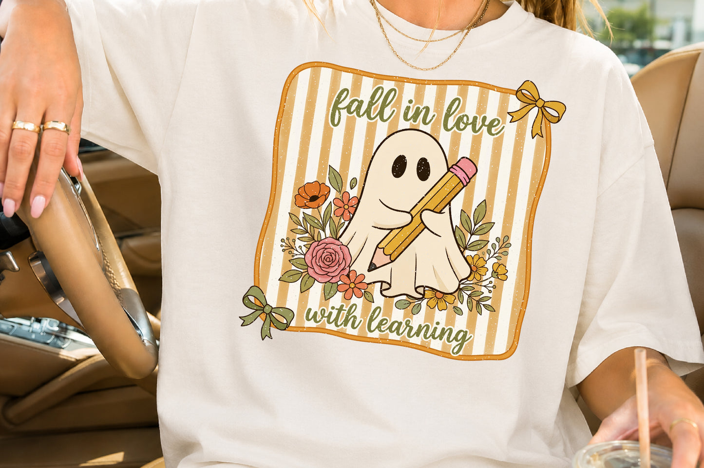 Fall in Love with Learning Ghost PNG Cute Teacher Fall Sublimation Design