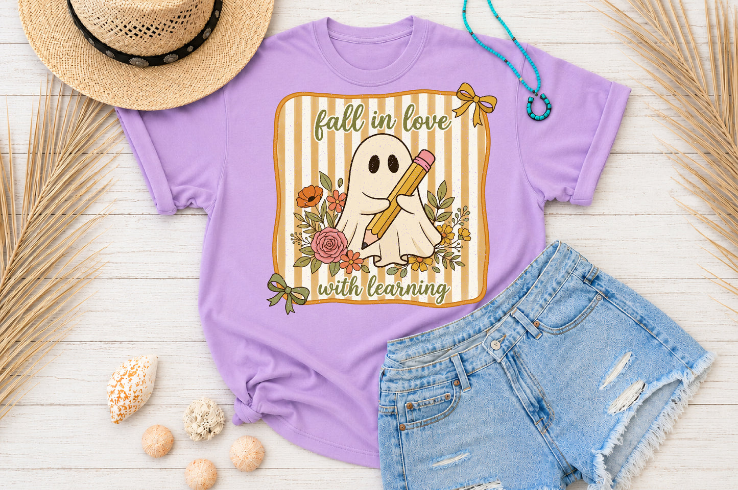 Fall in Love with Learning Ghost PNG Cute Teacher Fall Sublimation Design