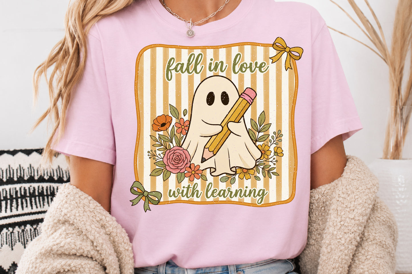 Fall in Love with Learning Ghost PNG Cute Teacher Fall Sublimation Design