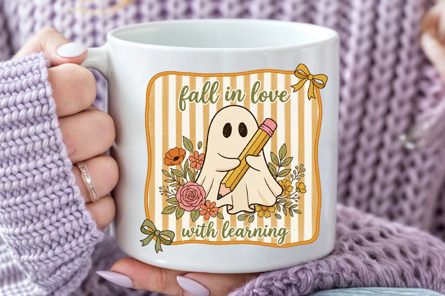 Fall in Love with Learning Ghost PNG Cute Teacher Fall Sublimation Design