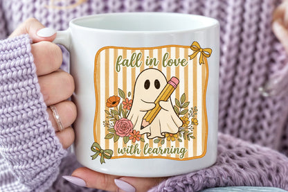 Fall in Love with Learning Ghost PNG Cute Teacher Fall Sublimation Design