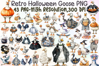 Retro Halloween Goose Watercolor Clipart Spooky PNG Bundle 43 Designs
