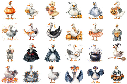 Retro Halloween Goose Watercolor Clipart Spooky PNG Bundle 43 Designs