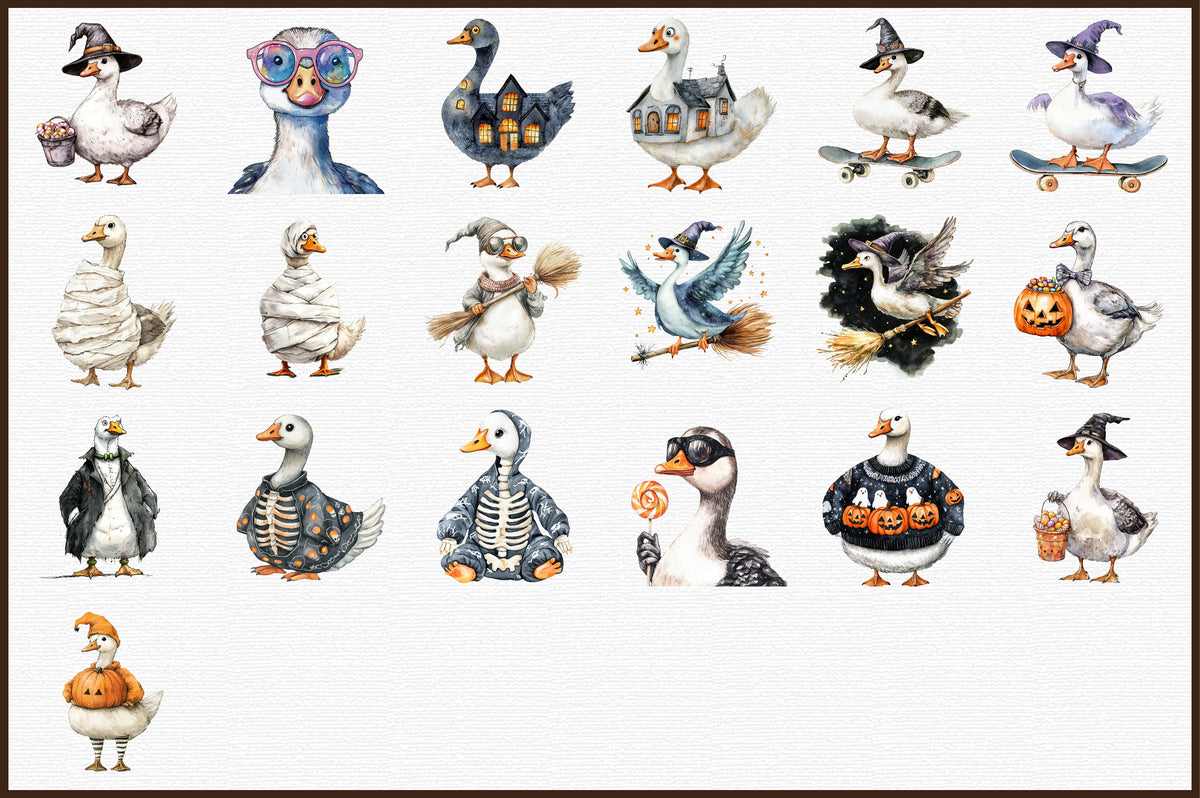 Retro Halloween Goose Watercolor Clipart Spooky PNG Bundle 43 Designs