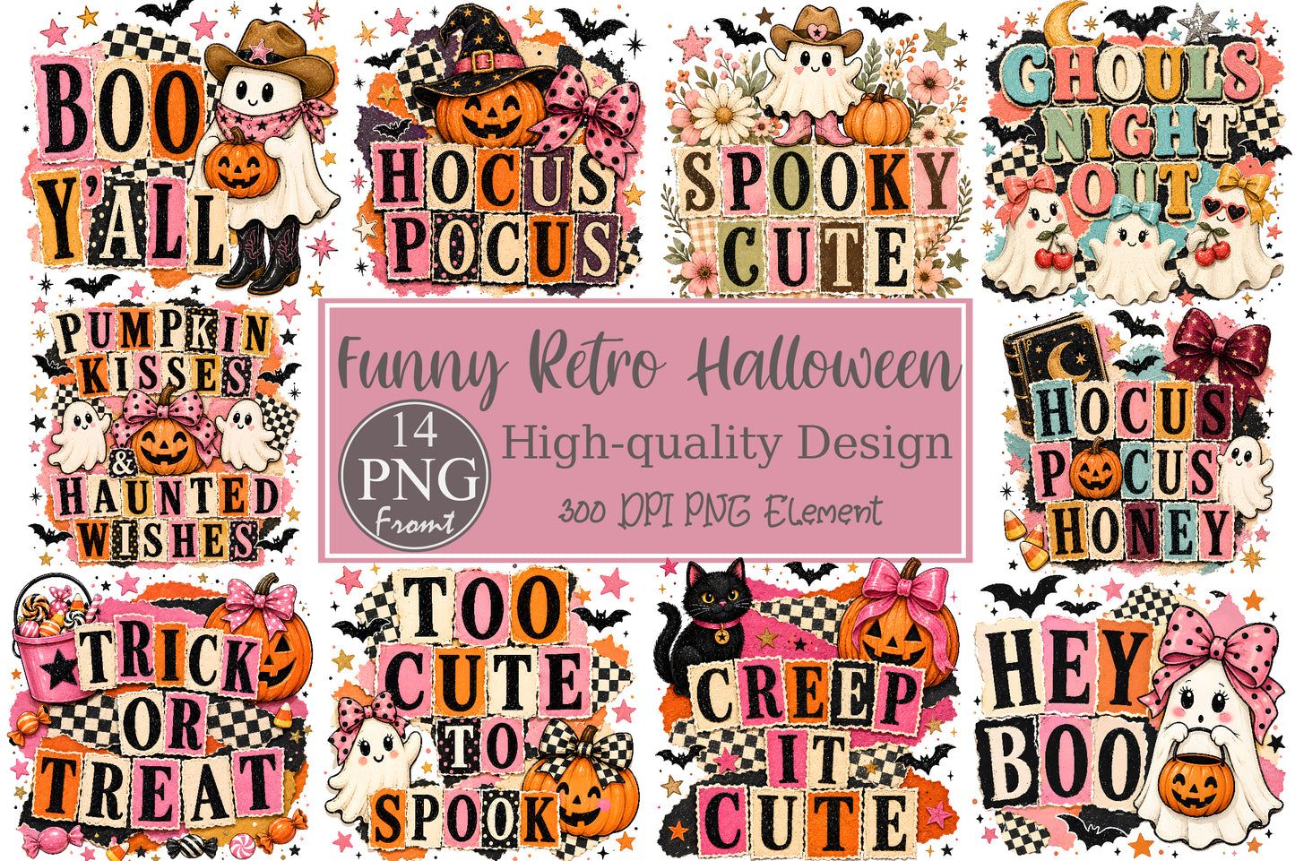 Retro Halloween PNG Bundle 14 Designs Funny Spooky Cute Sublimation