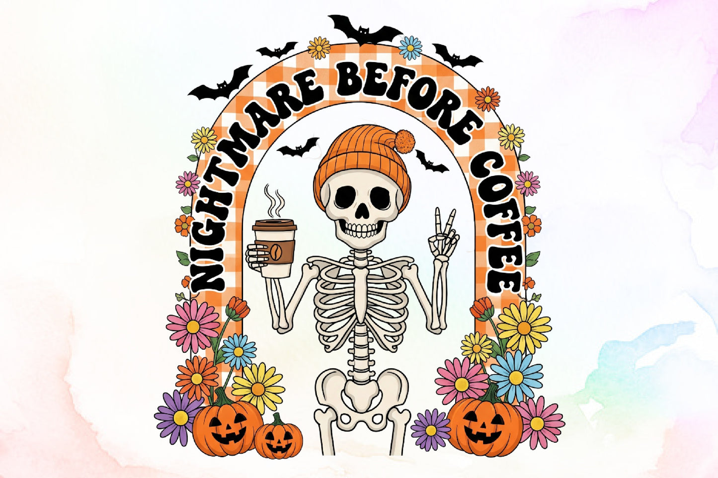 Retro Halloween Skeleton Coffee Fall PNG Spooky Floral Clipart
