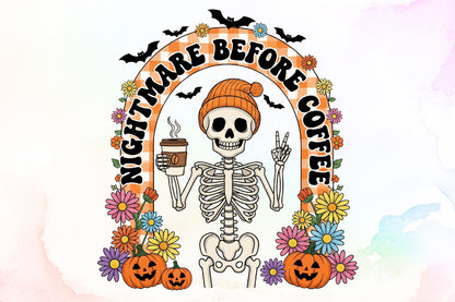 Retro Halloween Skeleton Coffee Fall PNG Spooky Floral Clipart