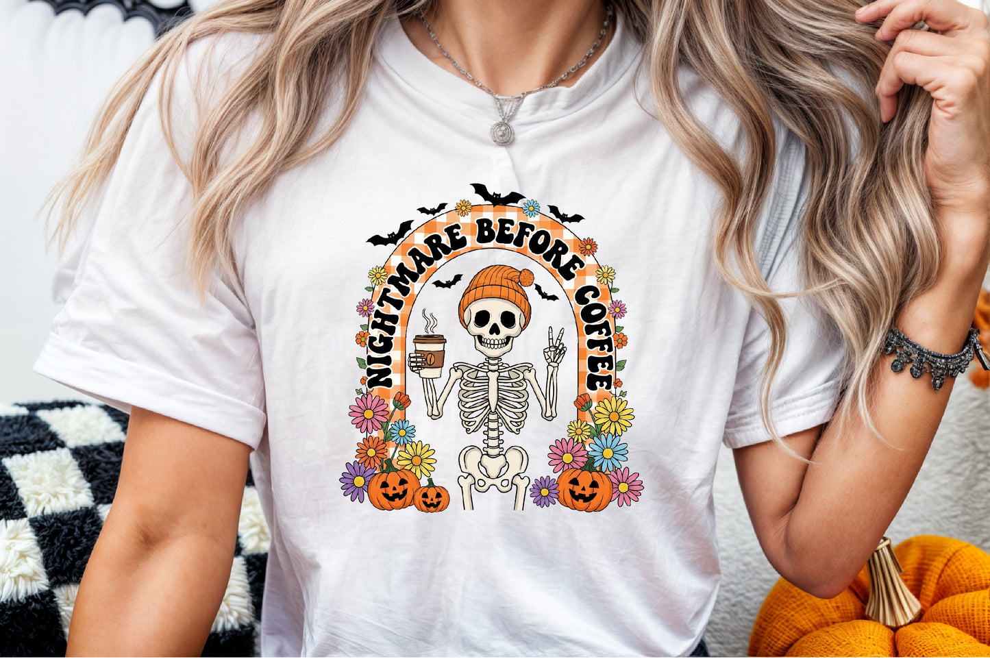 Retro Halloween Skeleton Coffee Fall PNG Spooky Floral Clipart