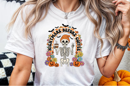 Retro Halloween Skeleton Coffee Fall PNG Spooky Floral Clipart