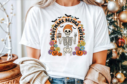 Retro Halloween Skeleton Coffee Fall PNG Spooky Floral Clipart