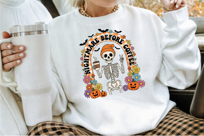 Retro Halloween Skeleton Coffee Fall PNG Spooky Floral Clipart