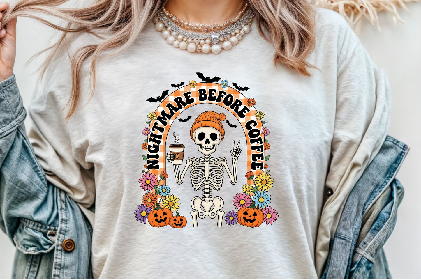 Retro Halloween Skeleton Coffee Fall PNG Spooky Floral Clipart