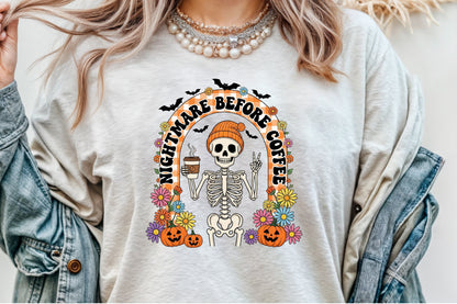 Retro Halloween Skeleton Coffee Fall PNG Spooky Floral Clipart