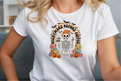 Retro Halloween Skeleton Coffee Fall PNG Spooky Floral Clipart