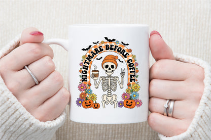 Retro Halloween Skeleton Coffee Fall PNG Spooky Floral Clipart