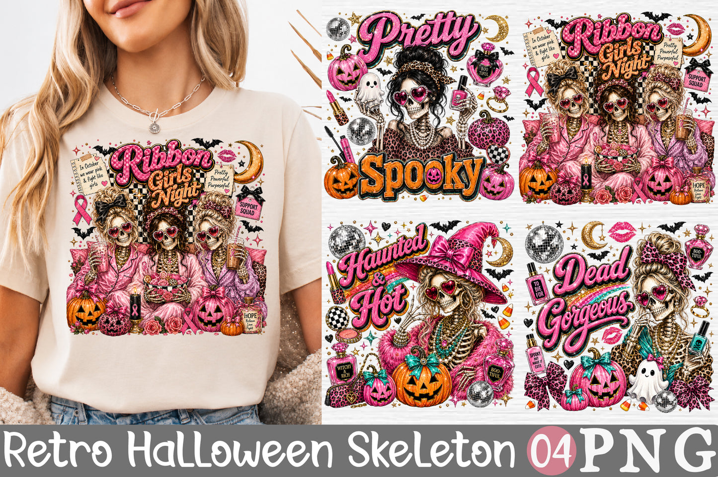 Ribbon Girls Night Halloween Skeleton Sublimation PNG