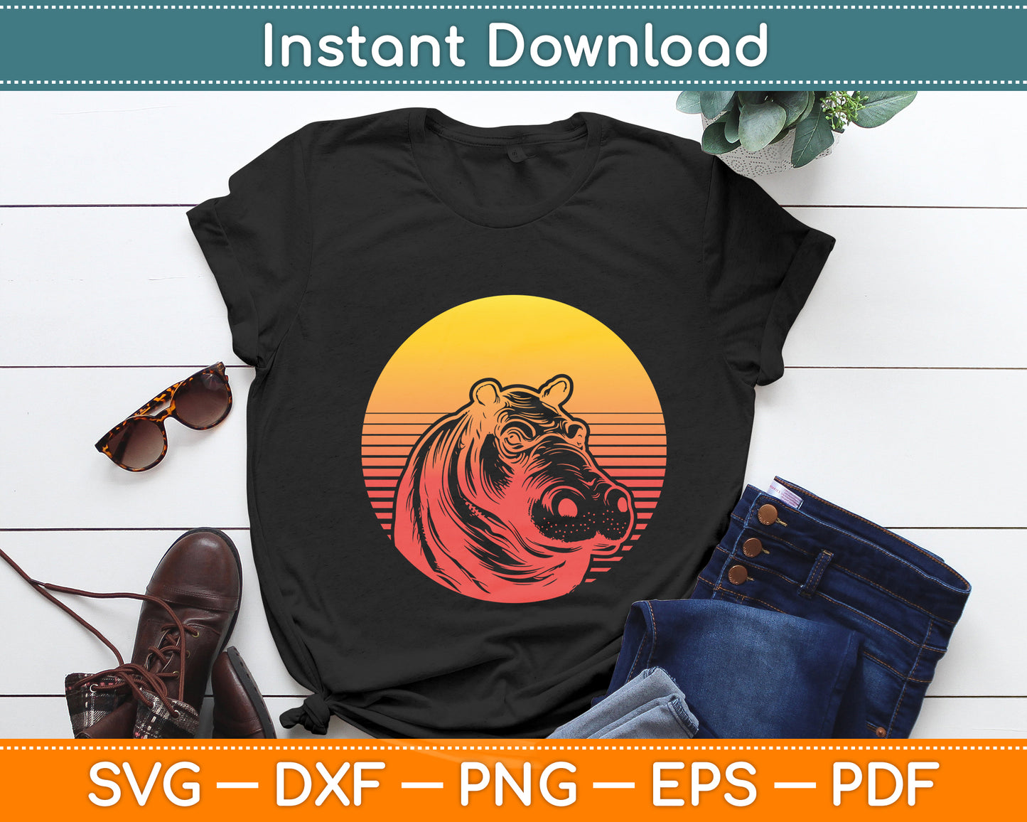 Retro Hippo Animal Lover Svg Png Dxf Digital Cutting File