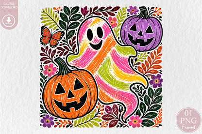 Retro Knitted Halloween Ghost Pumpkin PNG Sublimation Design