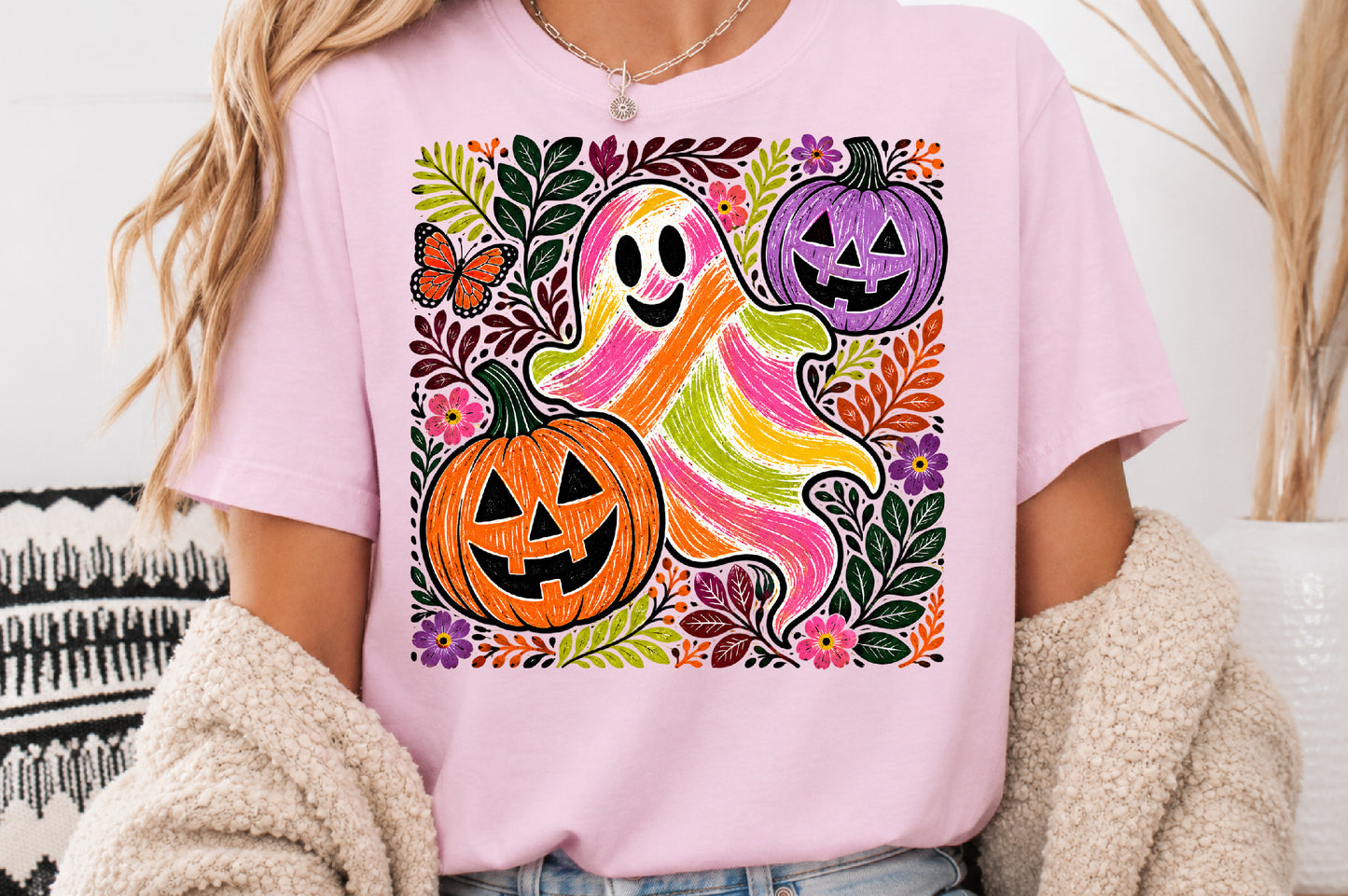 Retro Knitted Halloween Ghost Pumpkin PNG Sublimation Design