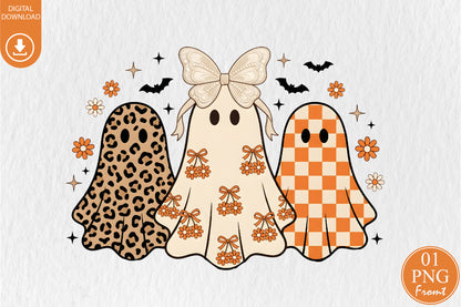 Retro Leopard Ghost PNG Coquette Halloween Sublimation Cute Spooky Design