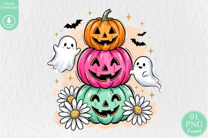 Retro Pastel Pumpkin Stack PNG Cute Ghost Daisy Halloween Sublimation Design