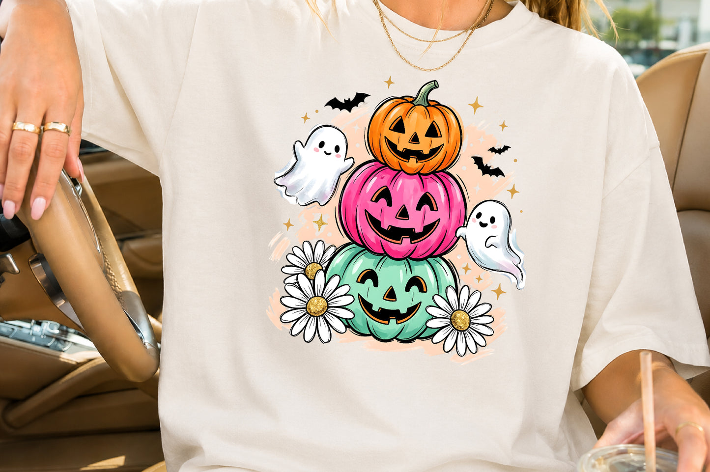 Retro Pastel Pumpkin Stack PNG Cute Ghost Daisy Halloween Sublimation Design