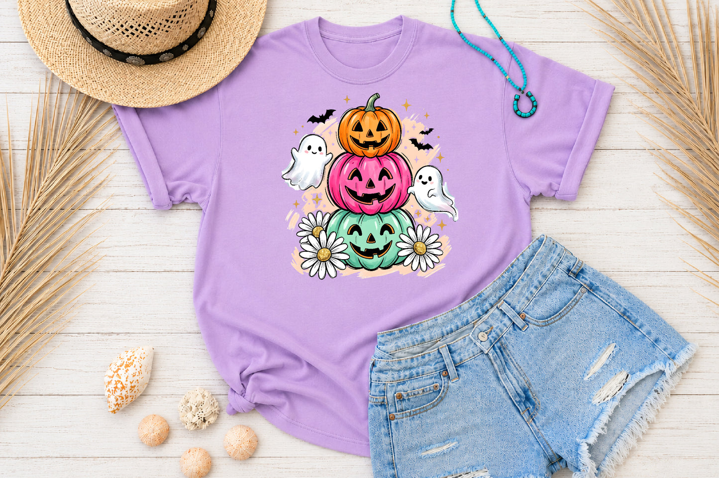Retro Pastel Pumpkin Stack PNG Cute Ghost Daisy Halloween Sublimation Design