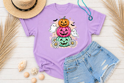 Retro Pastel Pumpkin Stack PNG Cute Ghost Daisy Halloween Sublimation Design