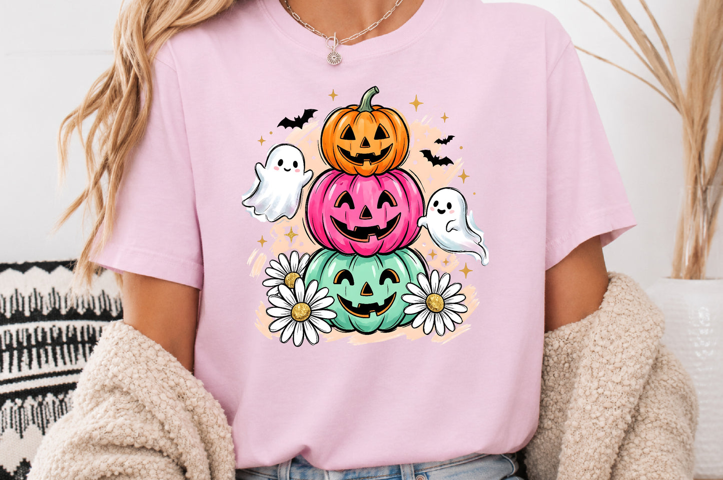 Retro Pastel Pumpkin Stack PNG Cute Ghost Daisy Halloween Sublimation Design