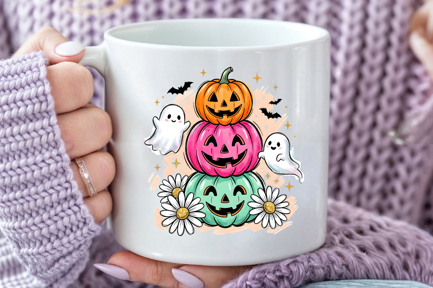 Retro Pastel Pumpkin Stack PNG Cute Ghost Daisy Halloween Sublimation Design