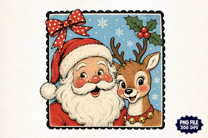 Retro Santa Claus & Reindeer PNG, Vintage Christmas Sublimation Design