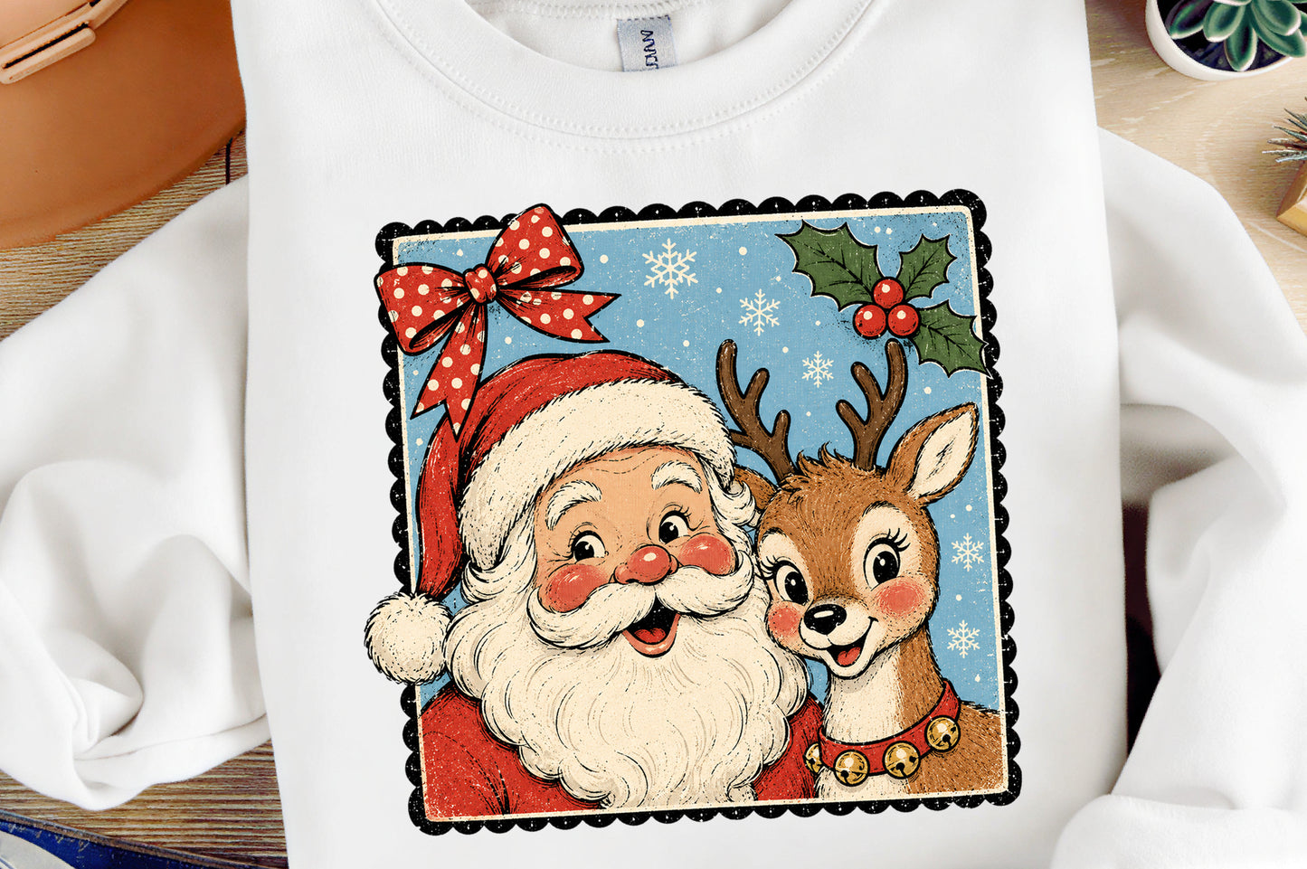 Retro Santa Claus & Reindeer PNG, Vintage Christmas Sublimation Design