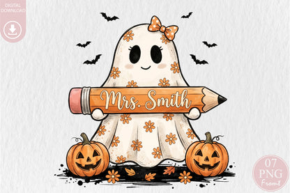 Retro Teacher Halloween Ghost Pencil Pumpkin PNG Sublimation Design