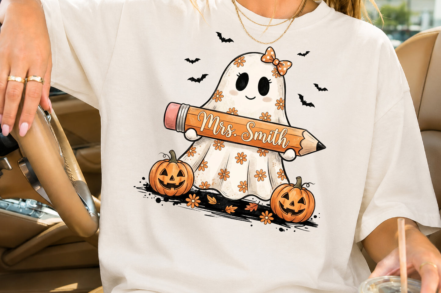 Retro Teacher Halloween Ghost Pencil Pumpkin PNG Sublimation Design