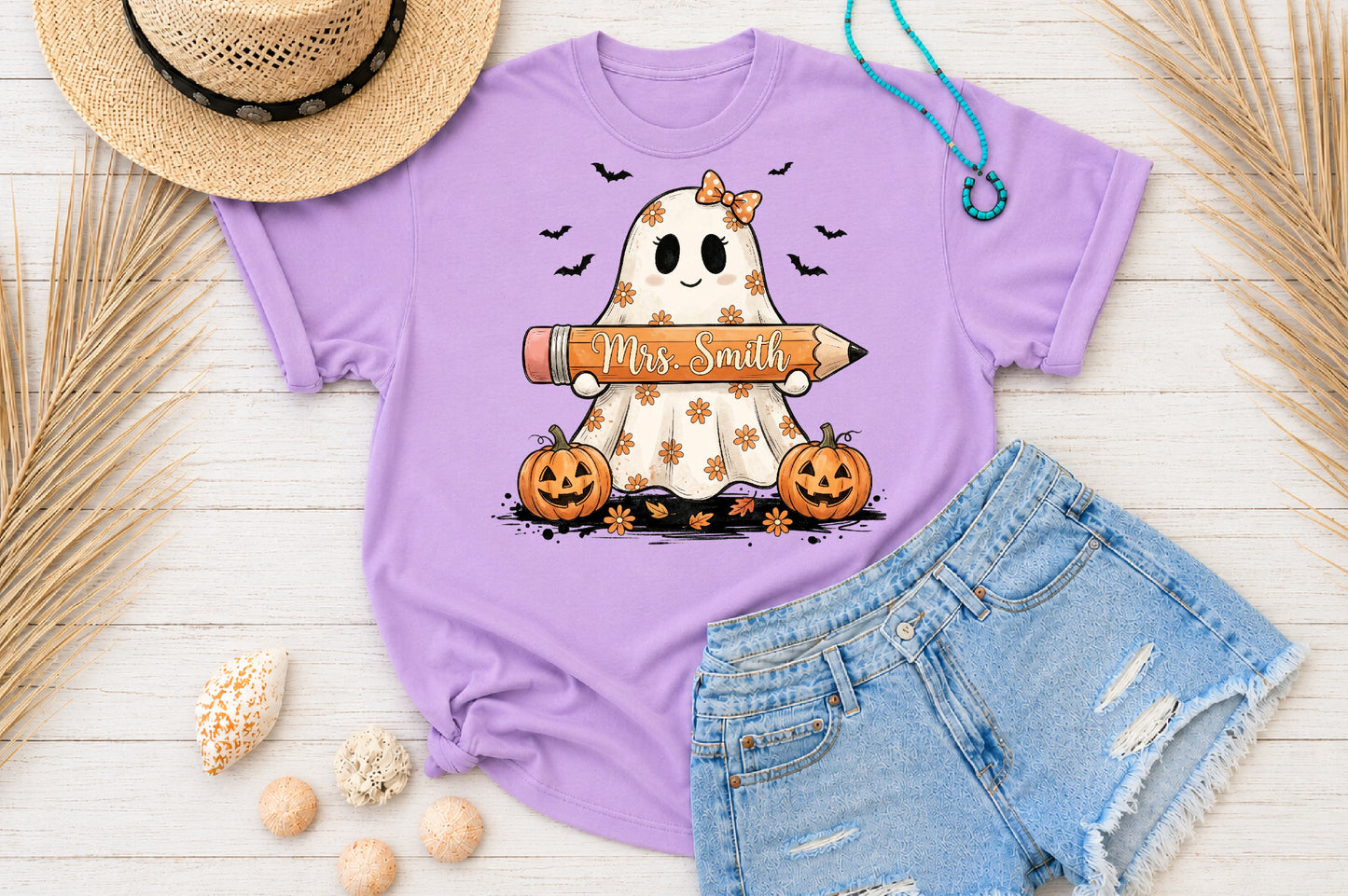 Retro Teacher Halloween Ghost Pencil Pumpkin PNG Sublimation Design