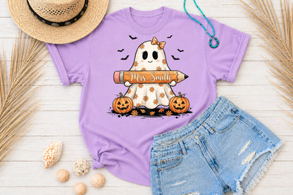 Retro Teacher Halloween Ghost Pencil Pumpkin PNG Sublimation Design