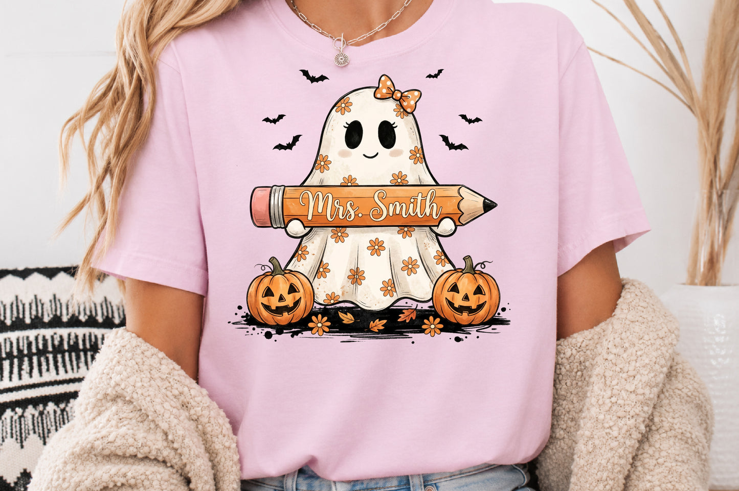 Retro Teacher Halloween Ghost Pencil Pumpkin PNG Sublimation Design