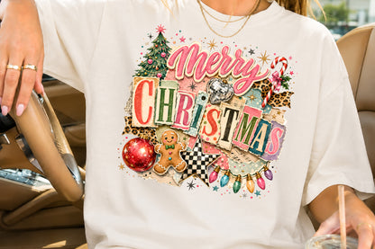 Retro Vintage Merry Christmas PNG Pink Leopard Candy Cane Holiday Sublimation