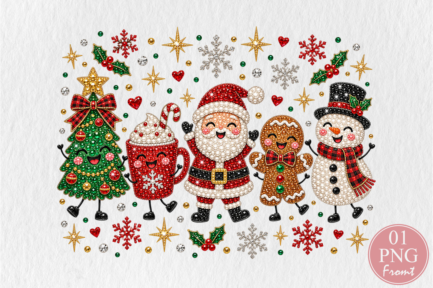 Rhinestone Christmas Characters PNG Santa Snowman Gingerbread Holiday Sublimation Design