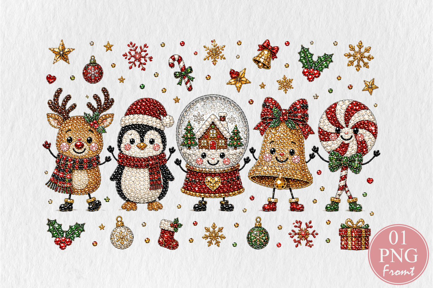 Rhinestone Christmas Characters PNG Reindeer Penguin Snow Globe Bell Candy Cane Sublimation