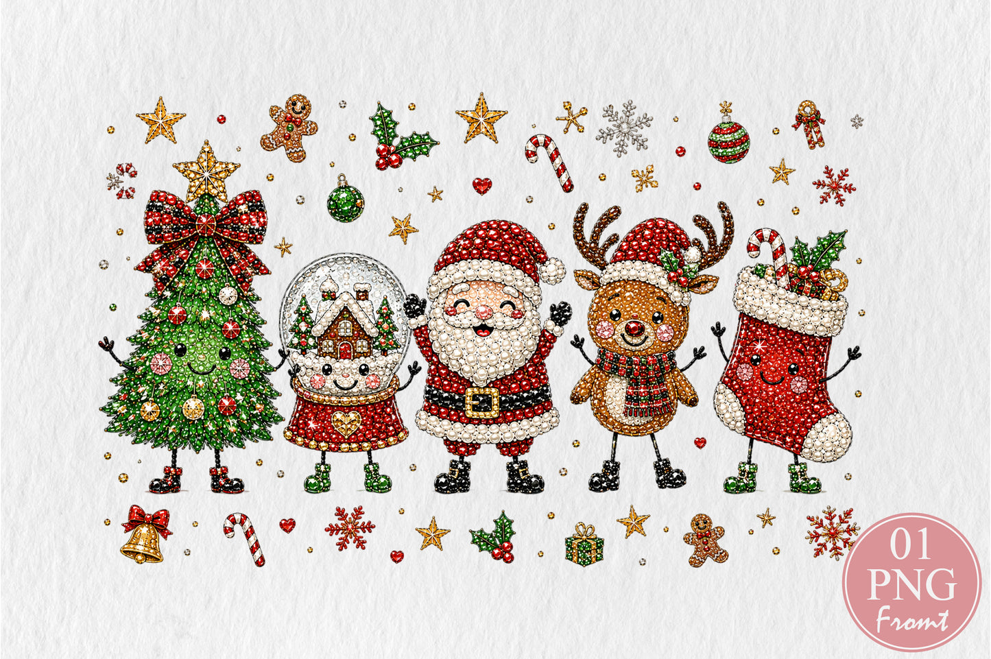 Rhinestone Christmas Characters PNG Santa Reindeer Tree Stocking Holiday Sublimation