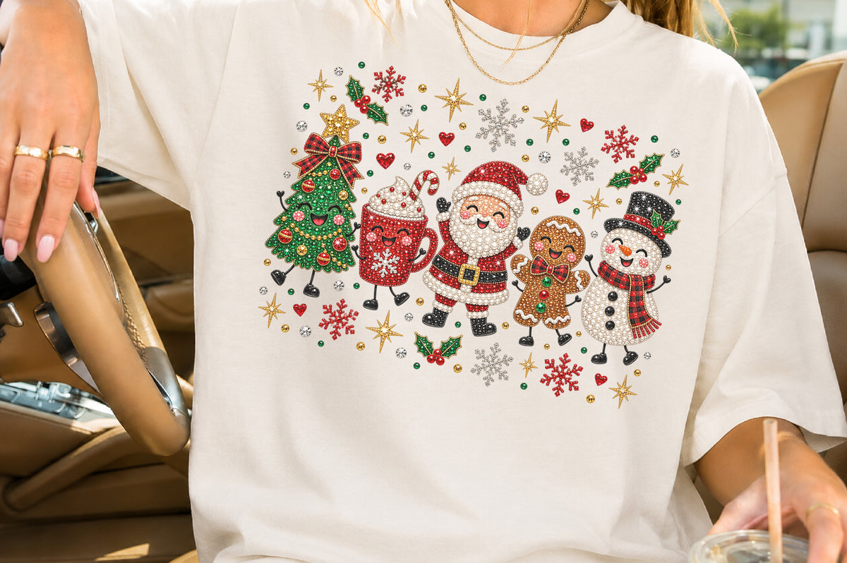 Rhinestone Christmas Characters PNG Santa Snowman Gingerbread Holiday Sublimation Design