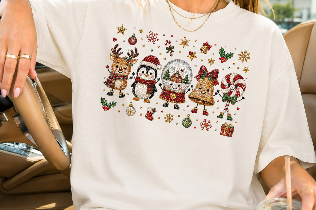 Rhinestone Christmas Characters PNG Reindeer Penguin Snow Globe Bell Candy Cane Sublimation