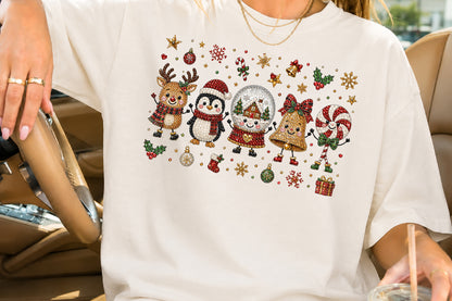 Rhinestone Christmas Characters PNG Reindeer Penguin Snow Globe Bell Candy Cane Sublimation