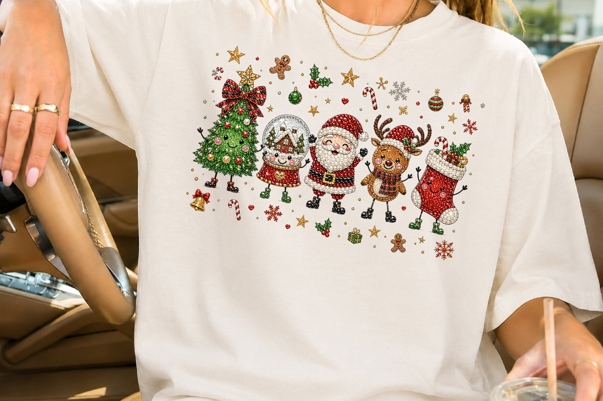 Rhinestone Christmas Characters PNG Santa Reindeer Tree Stocking Holiday Sublimation